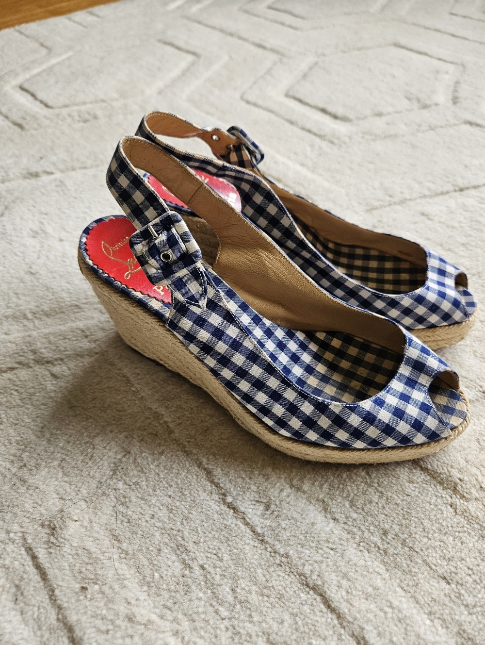 Christian Louboutin Menorca Espadrille Wedges 37 Blue Gingham Platform Sandals